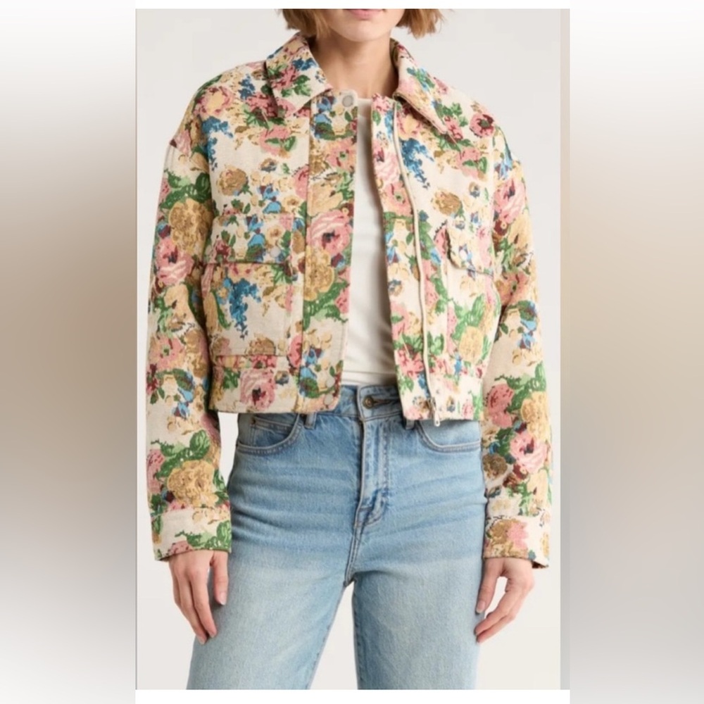 NWT Avec Les Filles Floral Tapestry Cropped Bomber Jacket with Patch Pockets XS